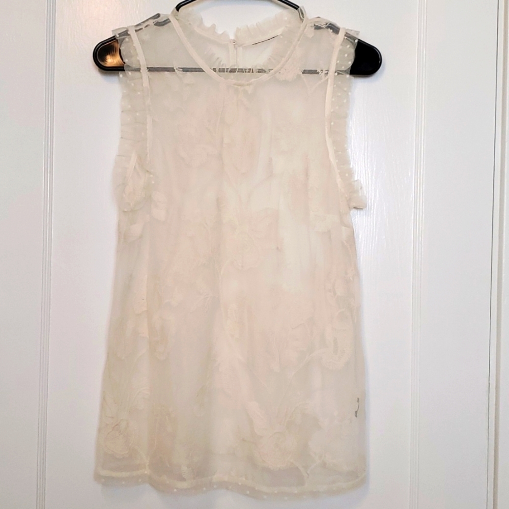 Pretty Embroidered Sleeveless Cream Ruffle Top